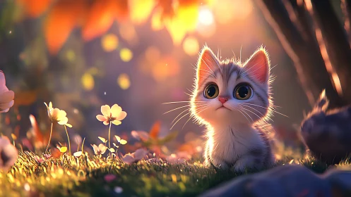Adorable Kitten Explores a Magical Garden at Golden Hour