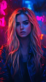 Neon street portrait reveals cool intensity and glow contrast.