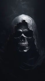 Hooded metallic skull emerging from shadowed darkness.