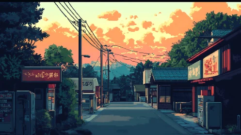 Quiet low-rise street with utility lines at sunset.