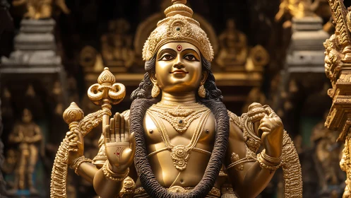 Gilded Hindu deity sculpture with intricate temple reliefs.