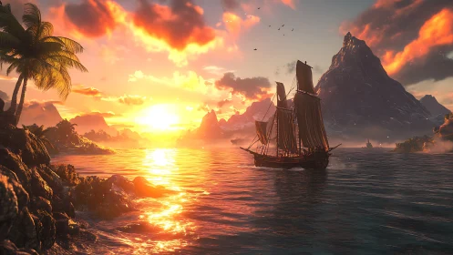 Golden Galleon at Sunset: Seascape with Dramatic Sky.