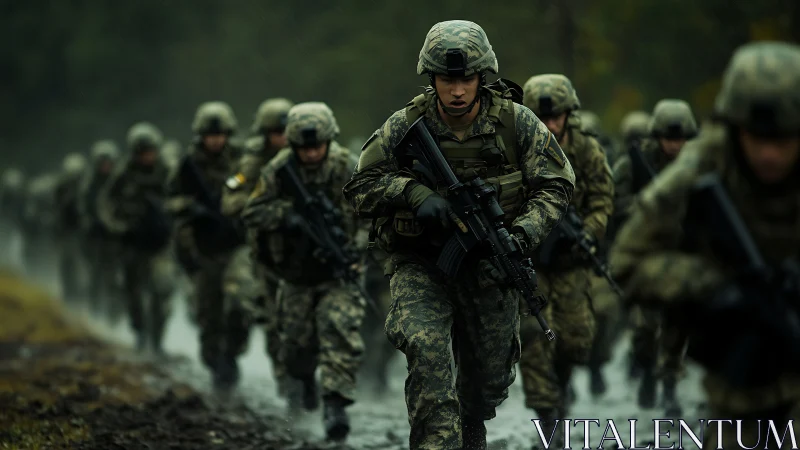 Soldiers in camouflage uniforms run in formation through rain