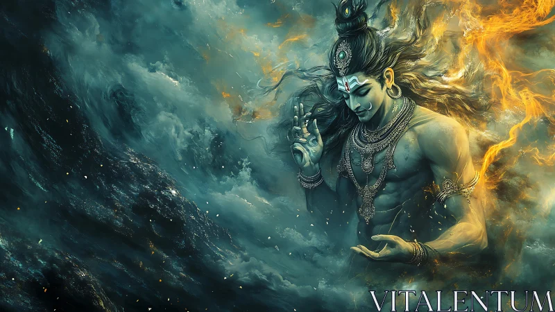 Mythic blue-skinned deity amid swirling storm and fire.