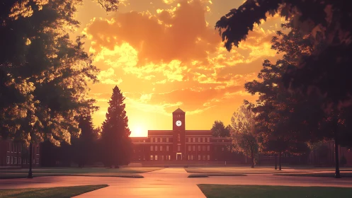 Sunlit campus clocktower framed by trees at golden hour.