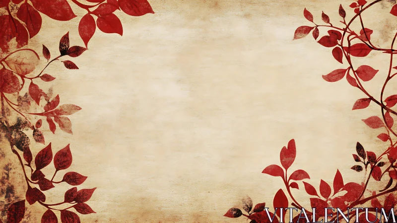 Vintage parchment border with red botanical vines frame.