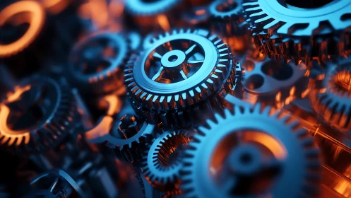 3D steel gears interlocking under blue and orange light.