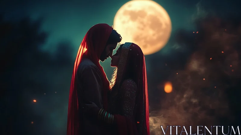 Silhouetted Couple Beneath Full Moon's Celestial Glow.