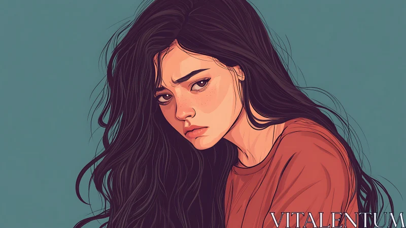 Melancholic girl in soft teal space gazes with quiet doubt.