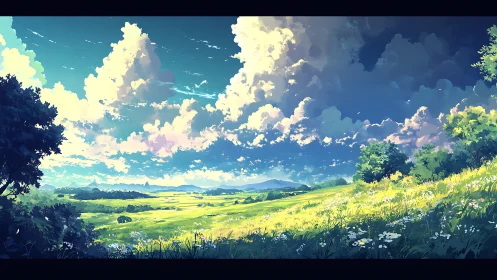 Expansive anime meadow under towering cumulus cloudscape