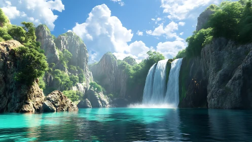 Waterfall and turquoise lagoon framed by rocky forest cliffs.