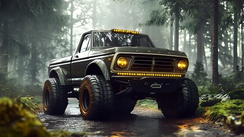 Lifted off-road pickup truck stands on muddy forest trail