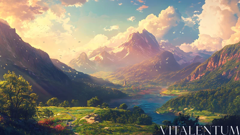 Sunlit valley doorway into bright, dreamlike mountainscape.