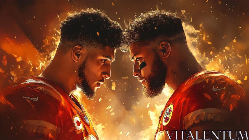 Two football players face each other in fiery digital artwork
