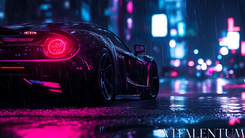 Neon rain racer prowling a cyber city’s glossy midnight streets.