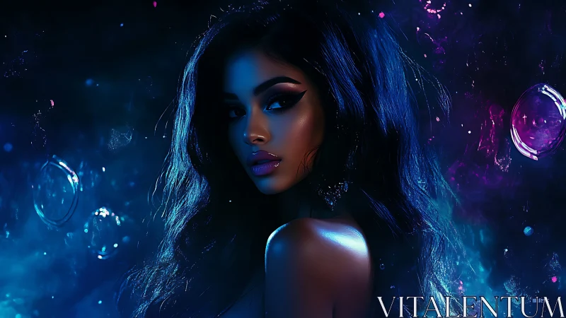 Neon-lit woman emerges through cosmic blue and violet haze.