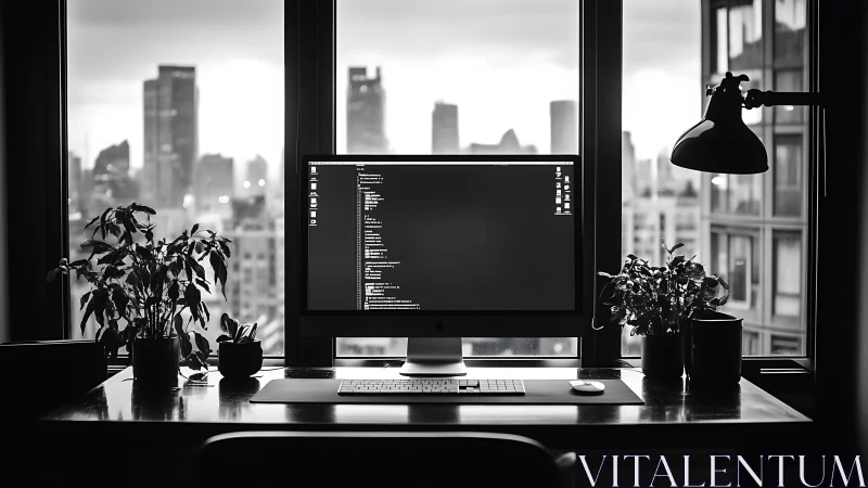 Monochrome developer workstation overlooks dense urban skyline