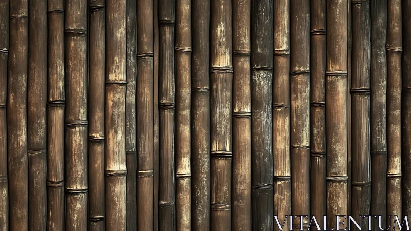 Vertical arrangement of weathered brown bamboo stalks wall.