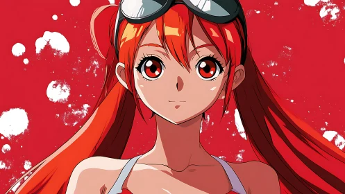 Red haired anime girl in goggles on bold red background.
