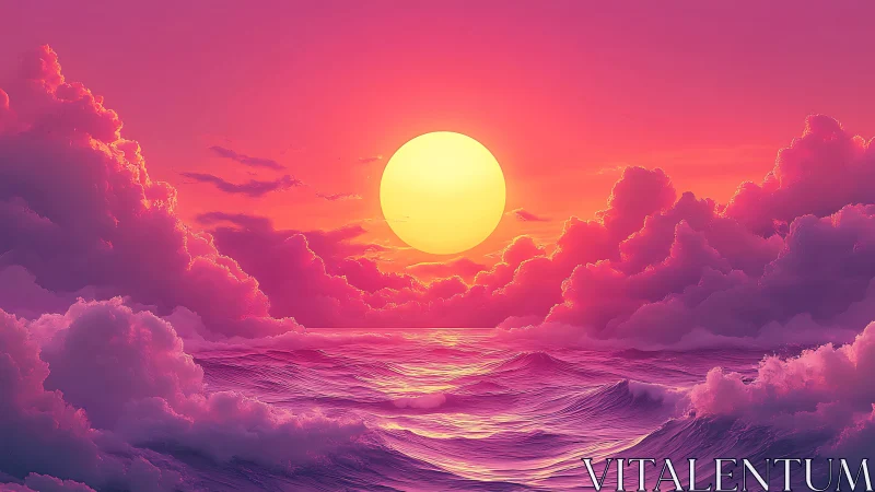 Neon sunset orb over candy clouds and dreamlit waves.