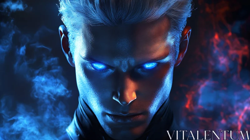 Frozen fire-eyed antihero stalks through electric twilight.