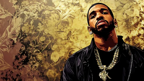 Vector hip‑hop portrait with gilded ornamental grunge backdrop.