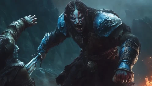 Armored monster warrior lunges toward fallen opponent