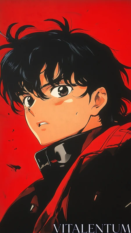 Black haired anime boy stares upward against vivid red backdrop