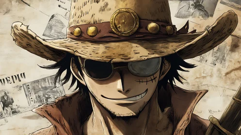 Grinning outlaw in weathered hat before faded posters.