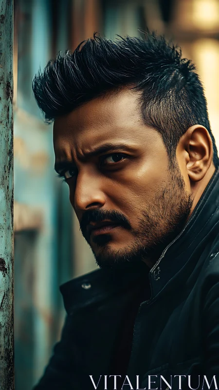 Brooding alleyway gaze carved in cinematic shadows.