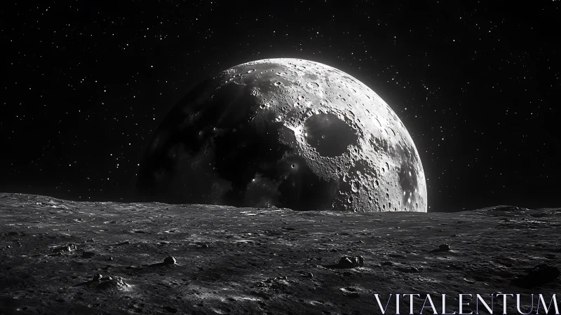 Haunted moonrise looms above a silent, star-clad horizon.