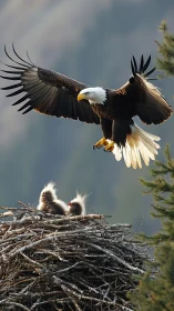 Adult bald eagle brakes into landing above two nestlings at nest