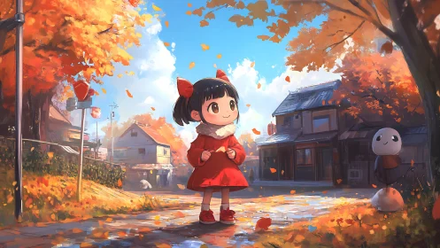 Girl in red dress walks through sunny autumn village street