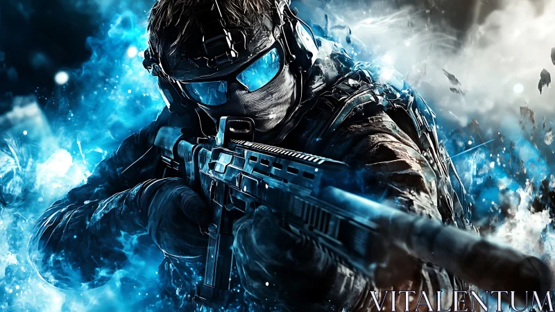 Futuristic soldier with rifle in blue energy storm combat.