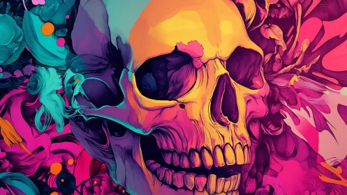 Neon chromatic skull illustration with abstract floral turbulence