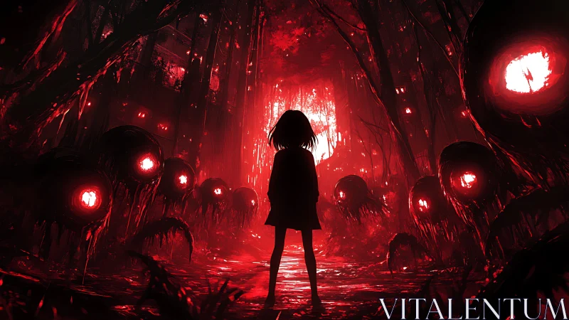 Silhouetted girl confronts red-eyed horrors in infernal forest.