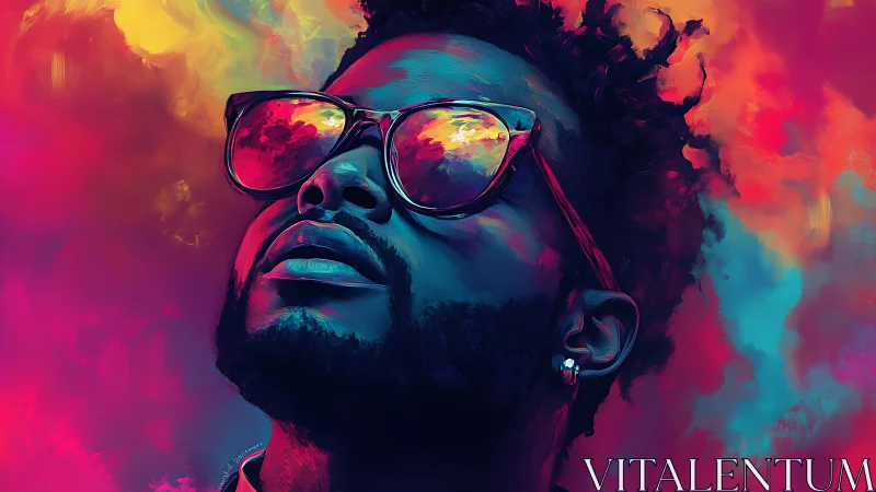 Neon chromatic portrait with reflective sunglasses emphasis.