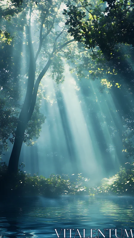 Sunlit forest canopy above calm reflective water surface.