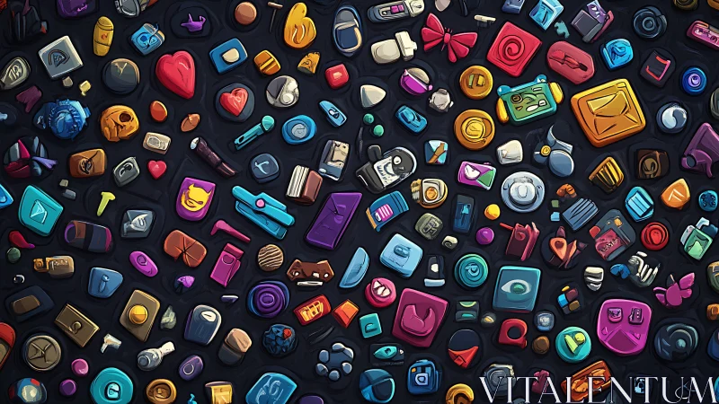 Playful icon mosaic over deep navy backdrop in neon hues.