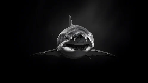 Monochrome frontal shark portrait isolates predatory form