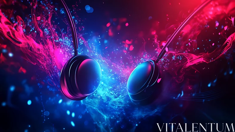 Neon headphones ignite a cosmic collision of liquid sound.