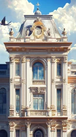 Sunlit baroque facade crowned by statues and drifting skybirds.
