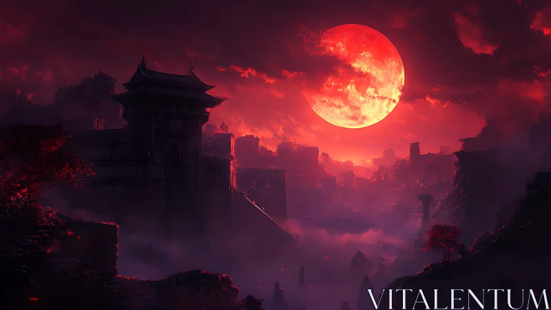 Digital painting of red moonlit fortress in misted ravine.