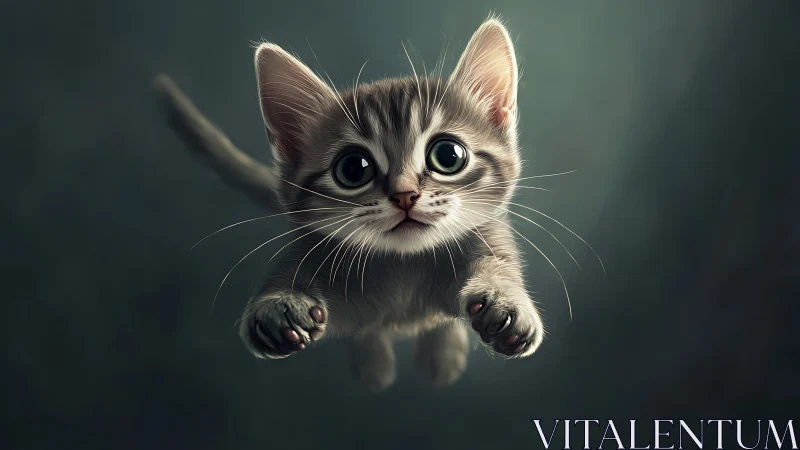 Digital illustration of gray tabby kitten with wide eyes against teal background