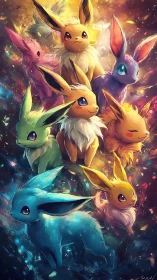 Chromatic fox-like creatures in radiant clustered formation.