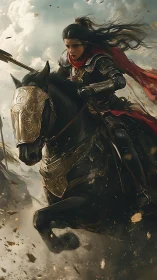 Armored horsewoman charging through storm-swept battlefield.