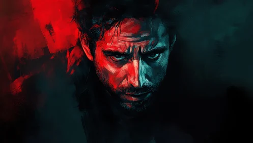 Brooding male portrait glows in red and teal shadowed light