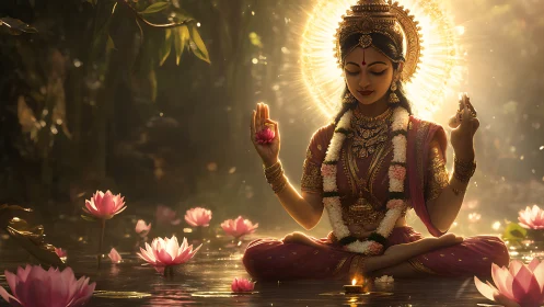 Rendered goddess figure sits in lotus pose amid illuminated water