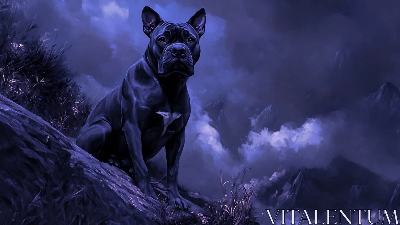 Dark muscular dog on rocky slope in moonlit blue fog.