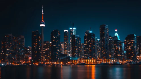 High-contrast Toronto skyline with CN Tower and bokeh-lit waterfront
